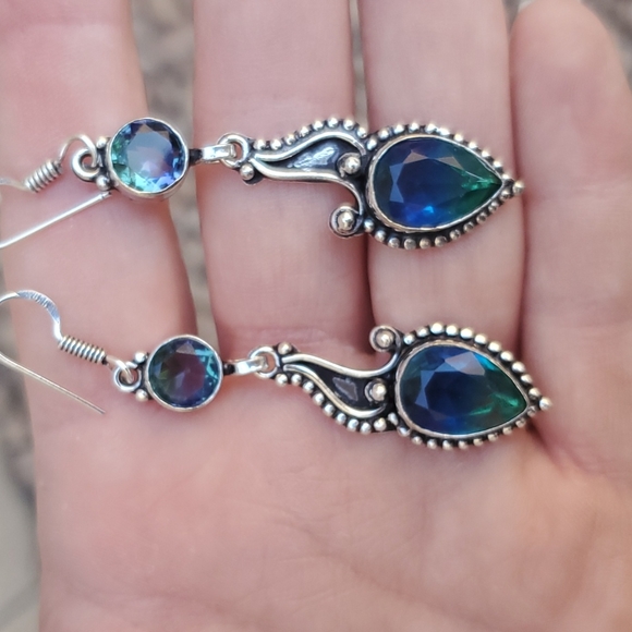 New Bi-Color Tourmaline & Blue Topaz 925 Silver Earrings. - Picture 4 of 15